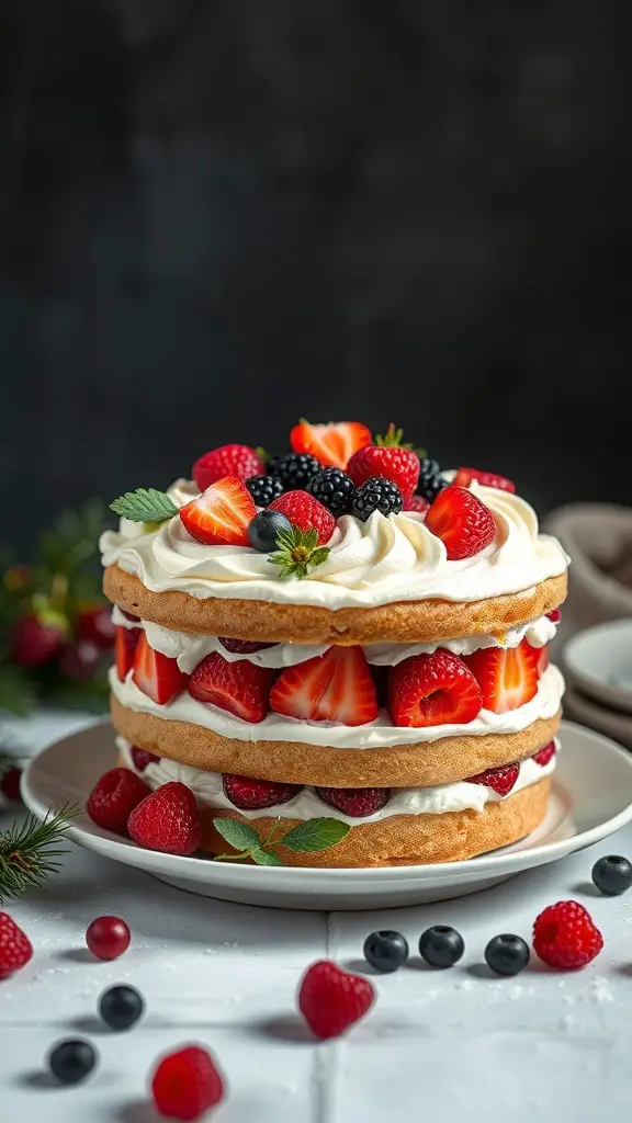 A three-layer Vanilla Bean and Berry Cake topped with fresh strawberries, raspberries, and blueberries.