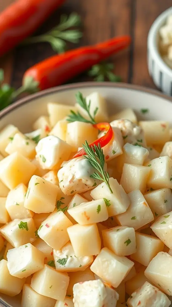 A bowl of classic potato salad with diced potatoes, herbs, and a hint of red pepper.