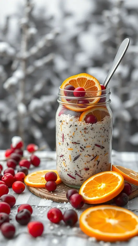 A jar of cranberry orange overnight oats topped with orange slices and cranberries, surrounded by fresh cranberries and orange slices.
