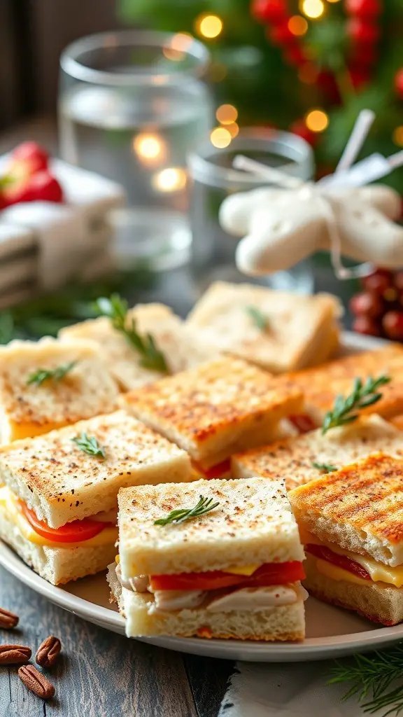 A platter of mini sandwiches with layers of cheese, tomatoes, and turkey, garnished with herbs, set against a festive backdrop.