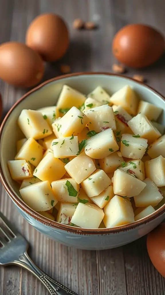 A bowl of traditional potato salad with eggs, featuring diced potatoes and chopped eggs, garnished with herbs, surrounded by eggs on a wooden table.