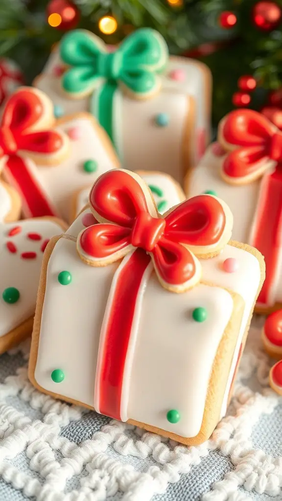 Decorated Christmas sugar cookies shaped like gift boxes with colorful bows