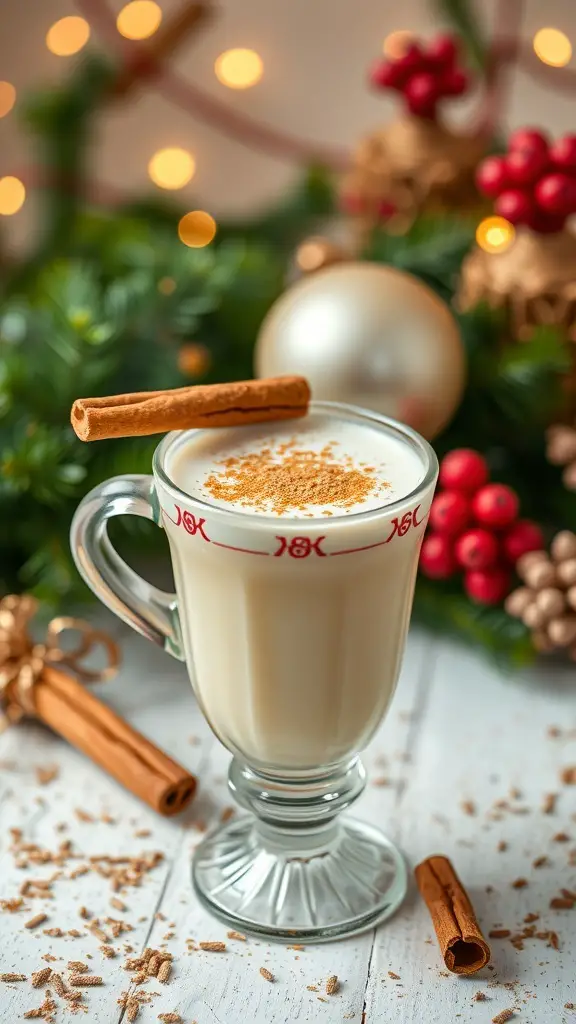 A glass of eggnog with a cinnamon stick and nutmeg on top, surrounded by festive decorations.