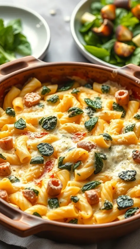 A cheesy spinach pasta casserole in a baking dish, surrounded by fresh salad ingredients.