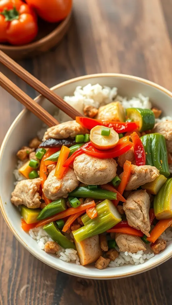 A bowl of turkey and vegetable stir-fry with colorful peppers and green onions over rice.
