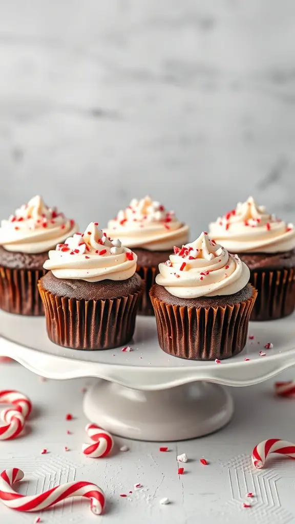Chocolate peppermint cupcakes with swirls of frosting and candy cane sprinkles on a white cake stand
