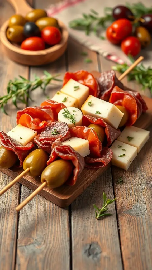 A wooden platter with antipasto skewers featuring meats, cheeses, and olives.