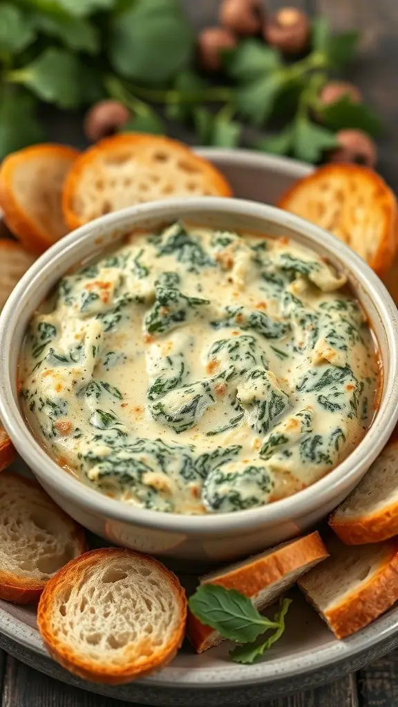 A bowl of spinach and artichoke dip surrounded by slices of toasted bread.