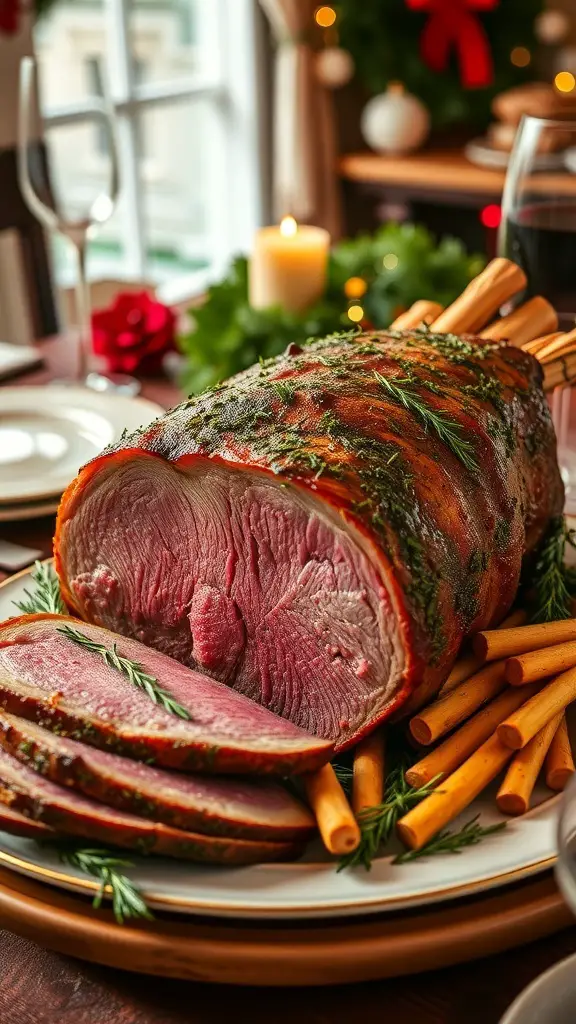 A beautifully roasted herb-crusted prime rib on a platter, garnished with herbs and served with sides.