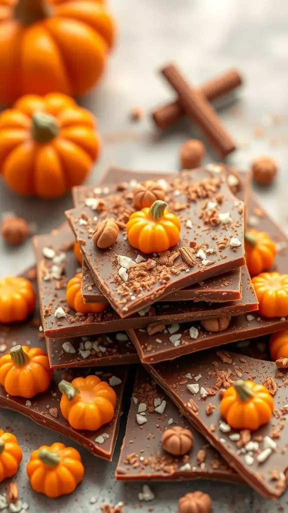 A stack of pumpkin spice chocolate bark decorated with small orange pumpkins and crunchy bits.