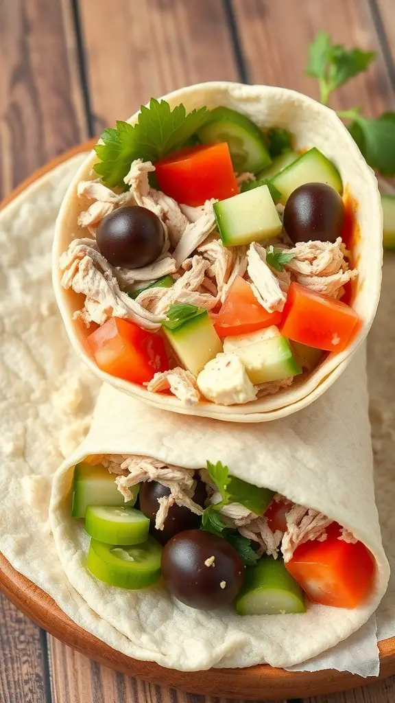 Mediterranean turkey wraps with shredded turkey, cucumbers, tomatoes, and olives in a tortilla.
