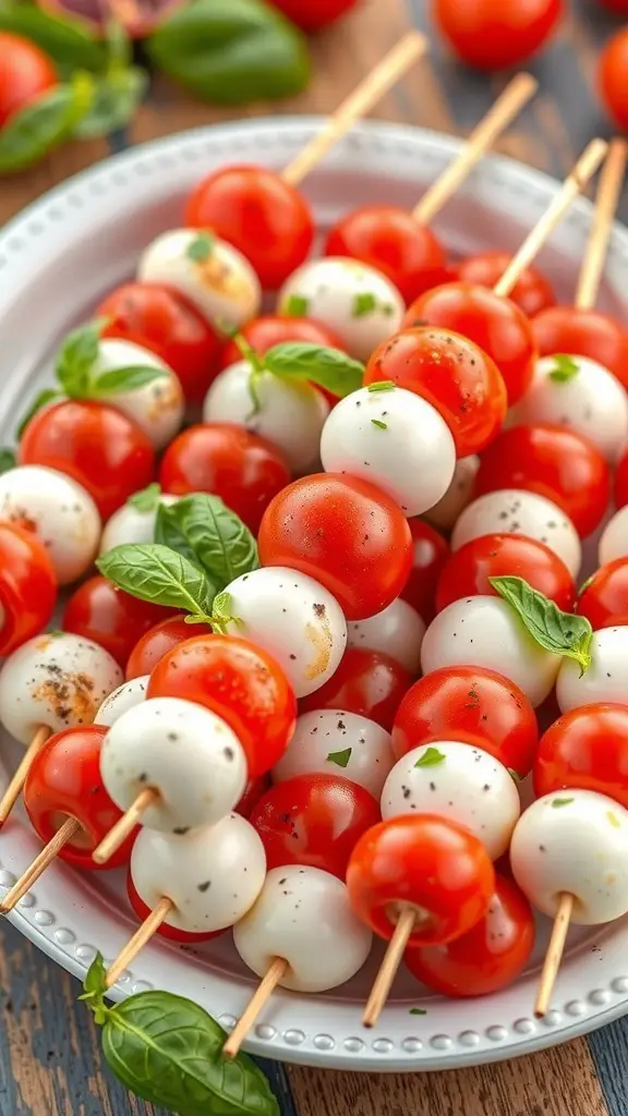 A plate of colorful Caprese skewers with cherry tomatoes, mozzarella balls, and fresh basil.