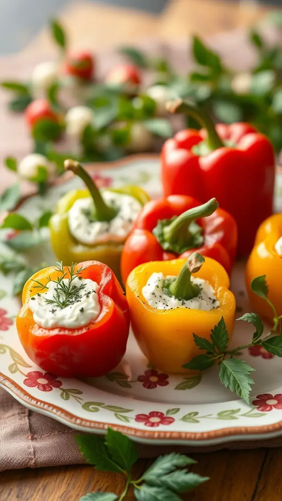 A platter of stuffed mini peppers filled with creamy herb cheese, garnished with fresh herbs.