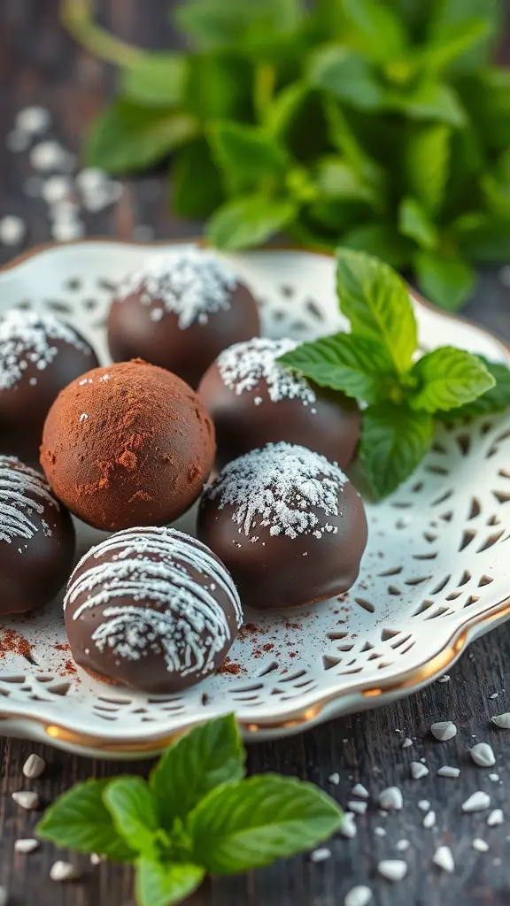 A plate of chocolate mint truffles garnished with mint leaves