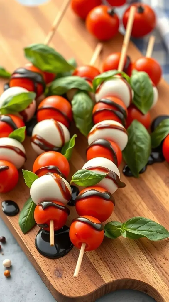 Caprese skewers with cherry tomatoes, mozzarella balls, and basil drizzled with balsamic glaze on a wooden board.