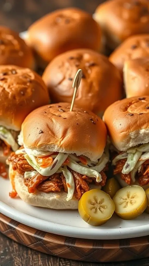 A platter of turkey BBQ sliders with coleslaw and pickles.