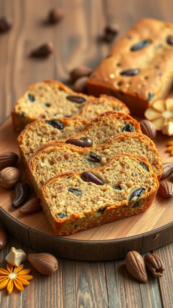 Nutty fruitcake bars on a wooden platter with nuts and chocolate