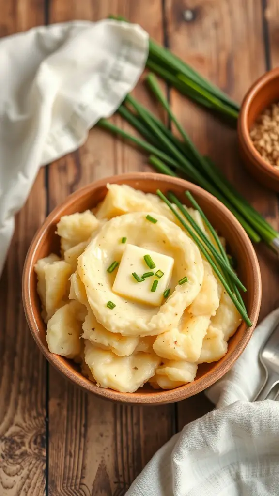 Bowl of creamy garlic mashed potatoes topped with butter and chives