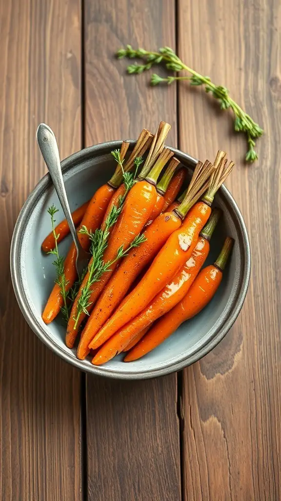 A bowl of honey glazed carrots garnished with herbs