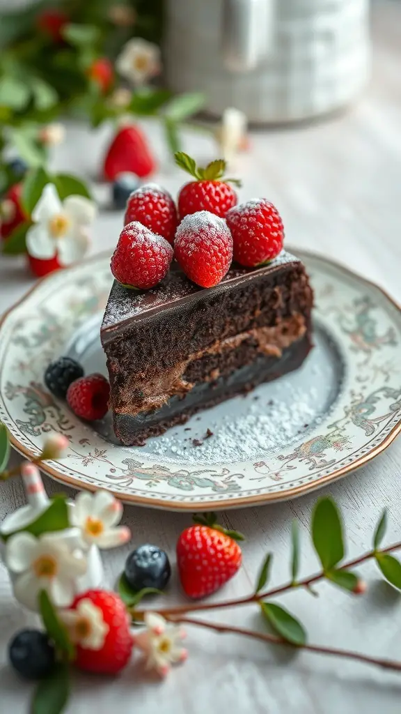 A slice of flourless dark chocolate cake topped with raspberries on a decorative plate, surrounded by fresh berries and flowers.