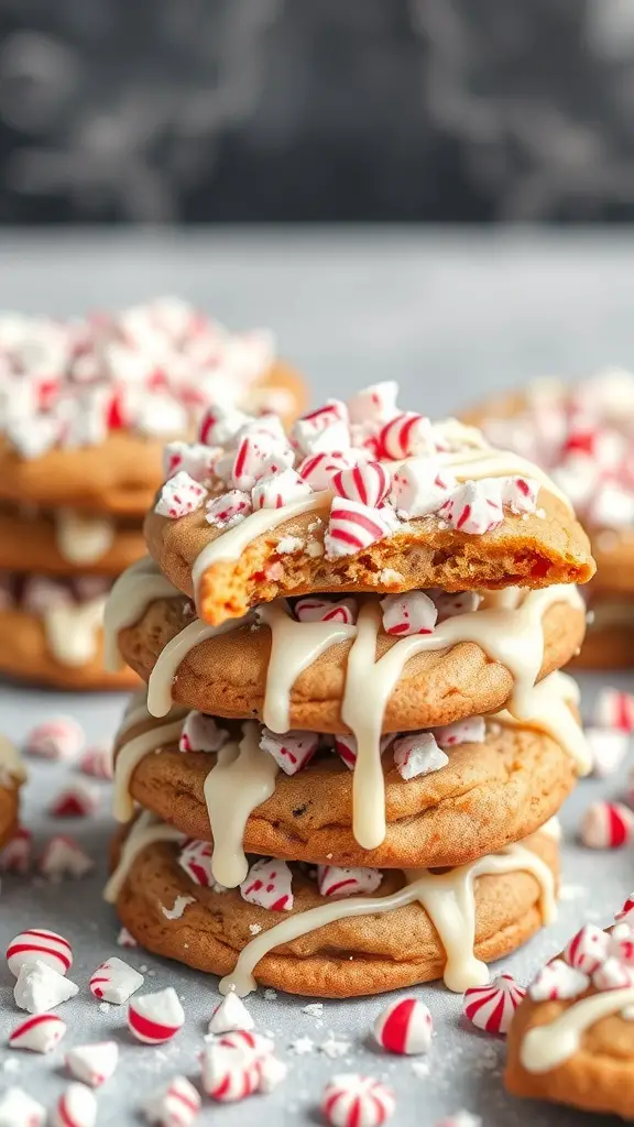 Stack of peppermint bark cookies with crushed peppermint on top