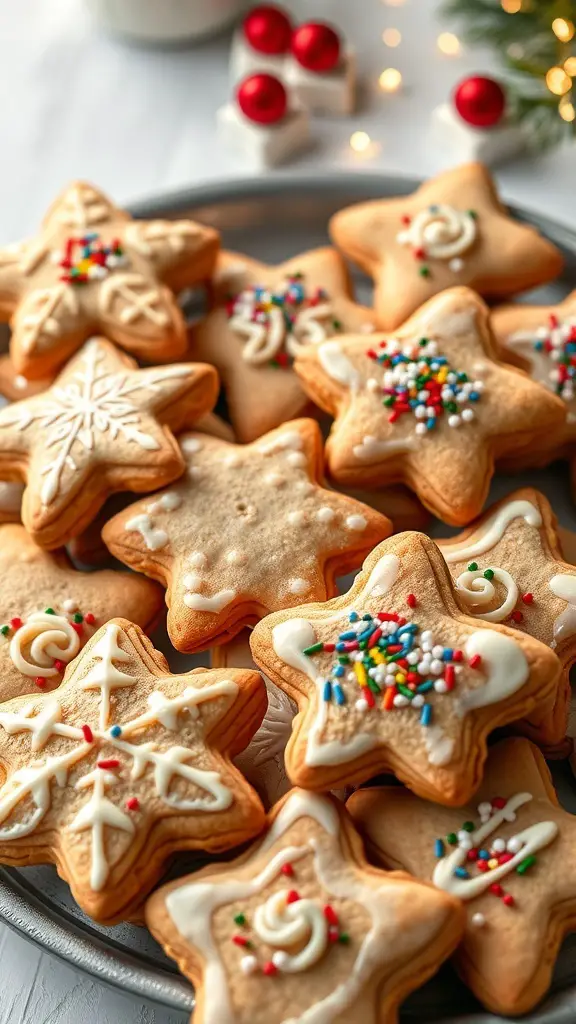 A platter of decorated star-shaped Christmas cookies with colorful icing and sprinkles.