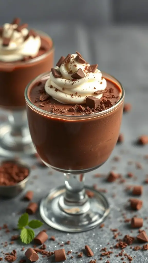 Dark chocolate mousse in a glass topped with whipped cream and chocolate shavings