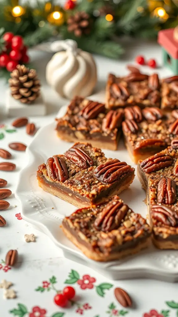 Delicious holiday pecan pie bars on a decorative plate, surrounded by festive decorations.