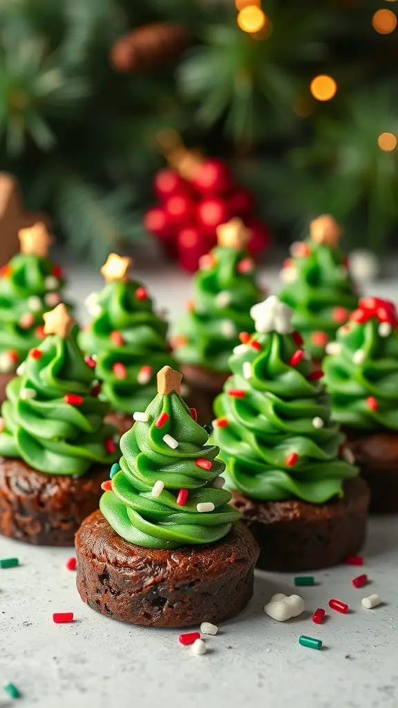 Christmas Tree Brownie Bites decorated with green frosting and colorful sprinkles