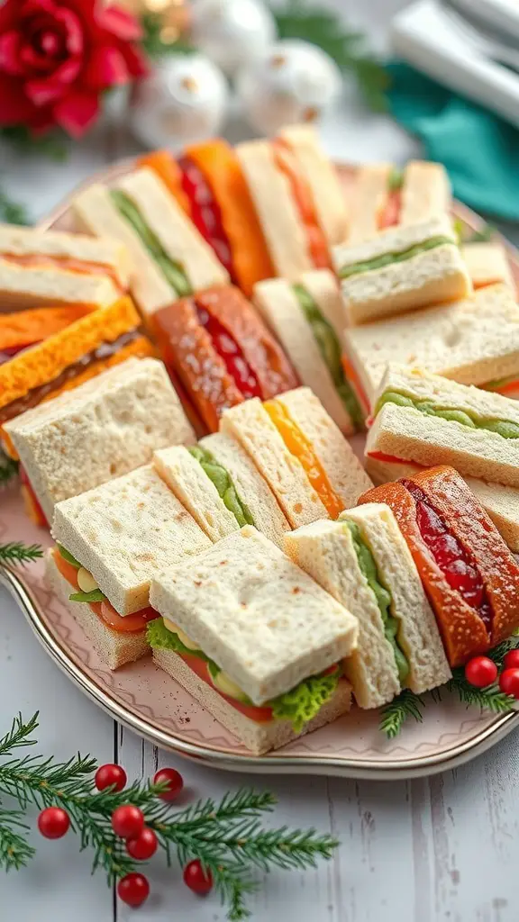 A platter of colorful finger sandwiches arranged for a festive tea party.