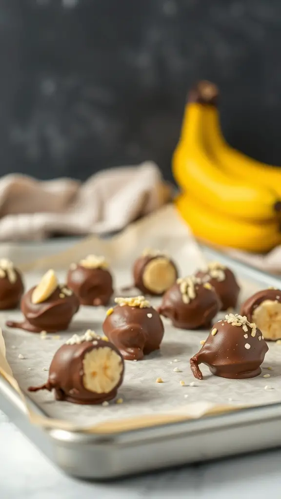 A tray of frozen chocolate-covered banana bites topped with nuts, with fresh bananas in the background.