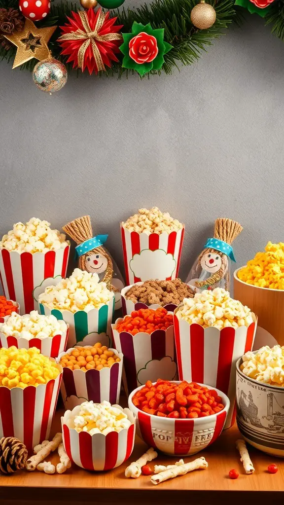 A colorful popcorn bar with various flavors in festive containers for Christmas.