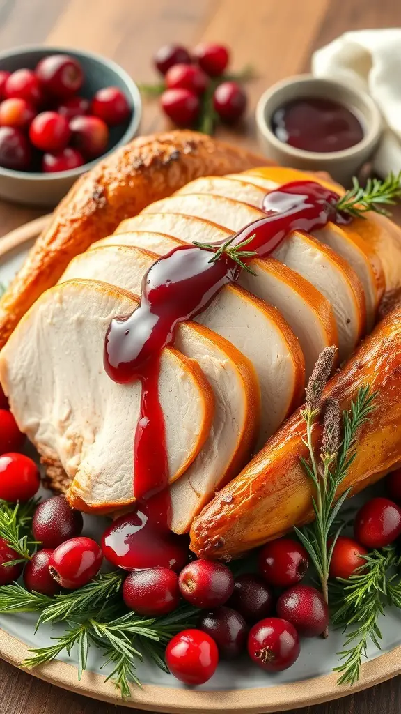 Roasted turkey with cranberry sauce, garnished with fresh cranberries and herbs.