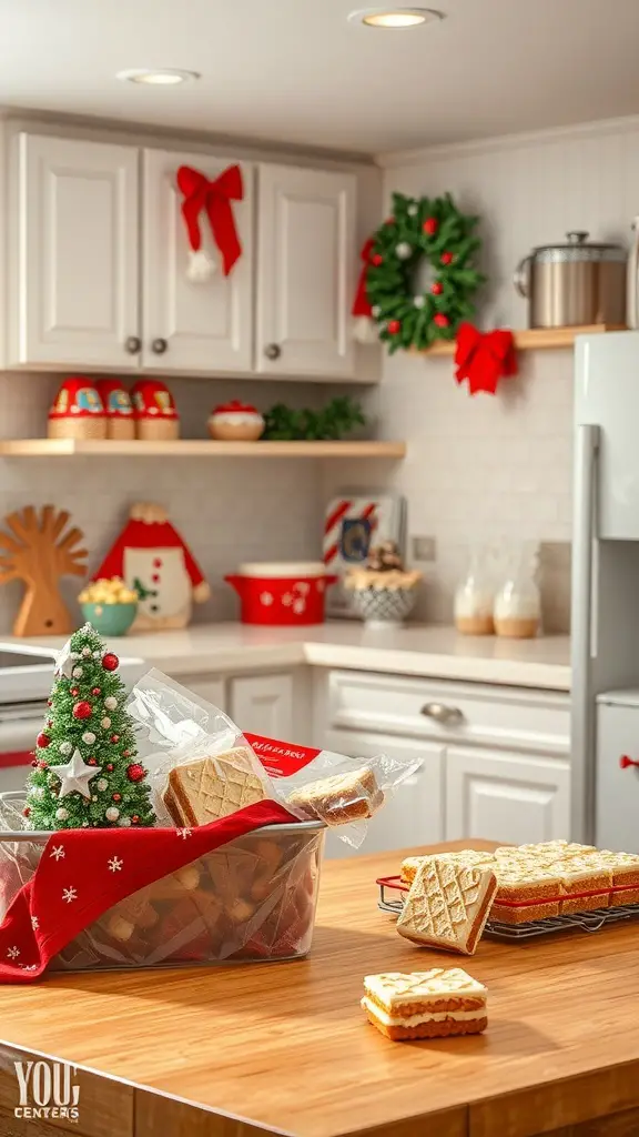 A cozy kitchen with festive decorations featuring Little Debbie Christmas Tree Cakes stored in a container.