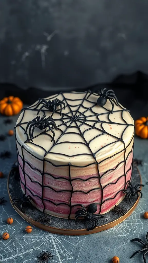 A spooky spider web cake decorated with black icing and plastic spiders.