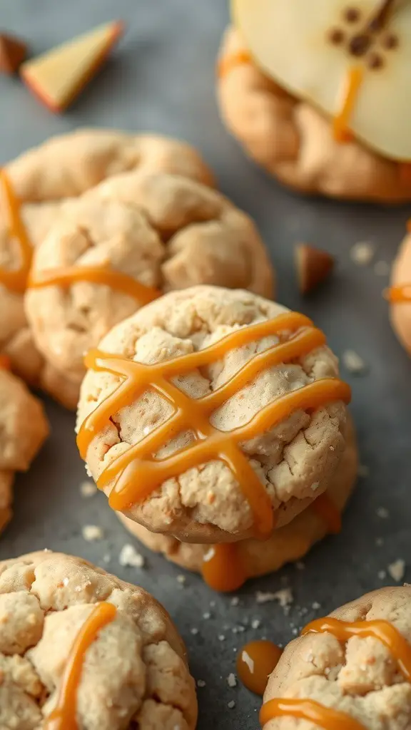 Delicious caramel apple cookies with a caramel drizzle and apple slices.