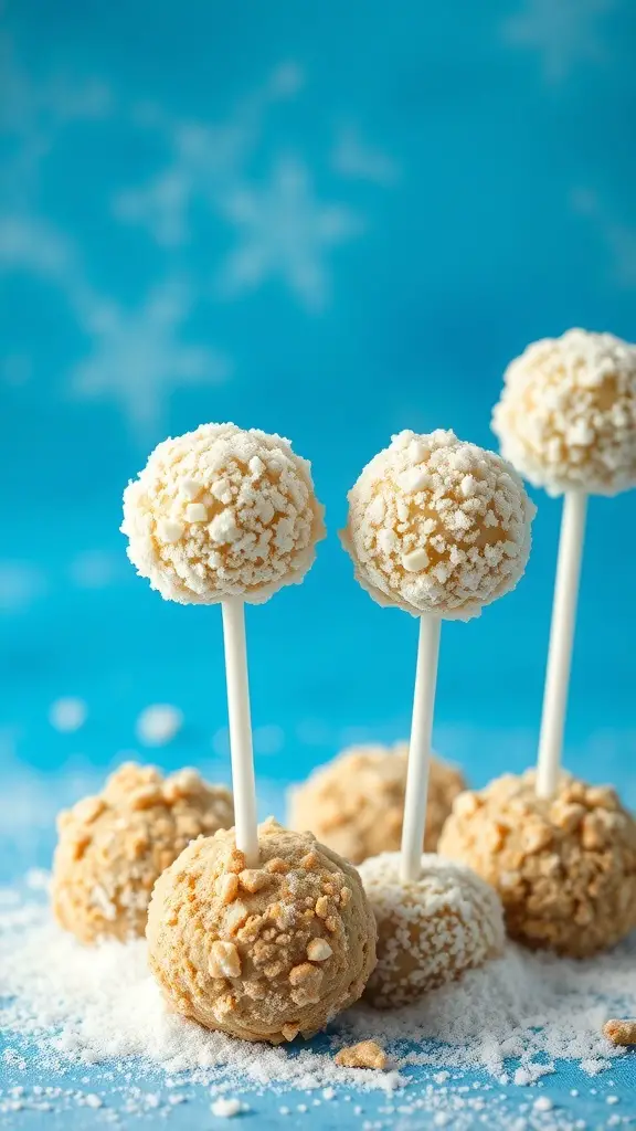 Snowman cake pops with cookie crumbs on a blue background