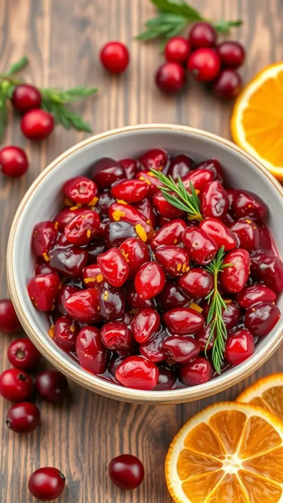 A bowl of cranberry orange relish surrounded by fresh cranberries and orange slices.