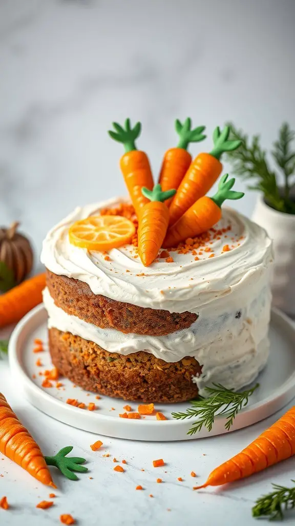 A layered carrot cake with cream cheese frosting, topped with decorative carrots and orange slices.