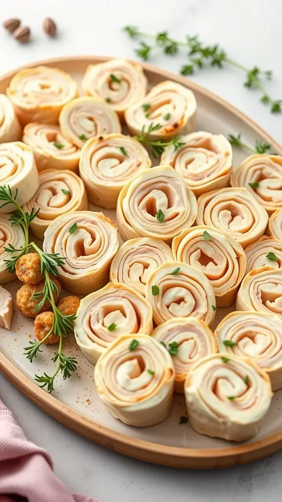 A platter of turkey and cheese pinwheels garnished with herbs.