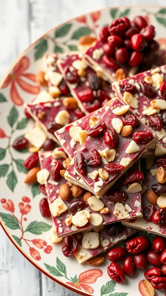 A festive plate of cranberry almond bark topped with nuts and cranberries.
