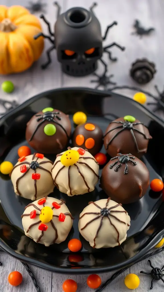 A plate of Halloween-themed truffles decorated to look like creepy crawly bugs, with a skull decoration and a small pumpkin in the background.