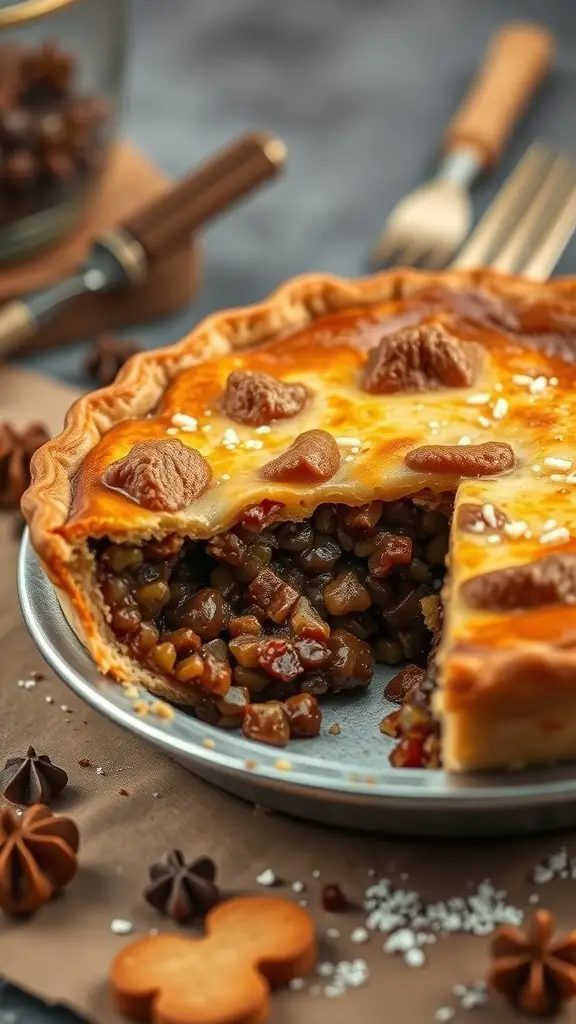 A freshly baked mincemeat pie with a golden crust and a slice cut out, revealing the fruit filling inside.