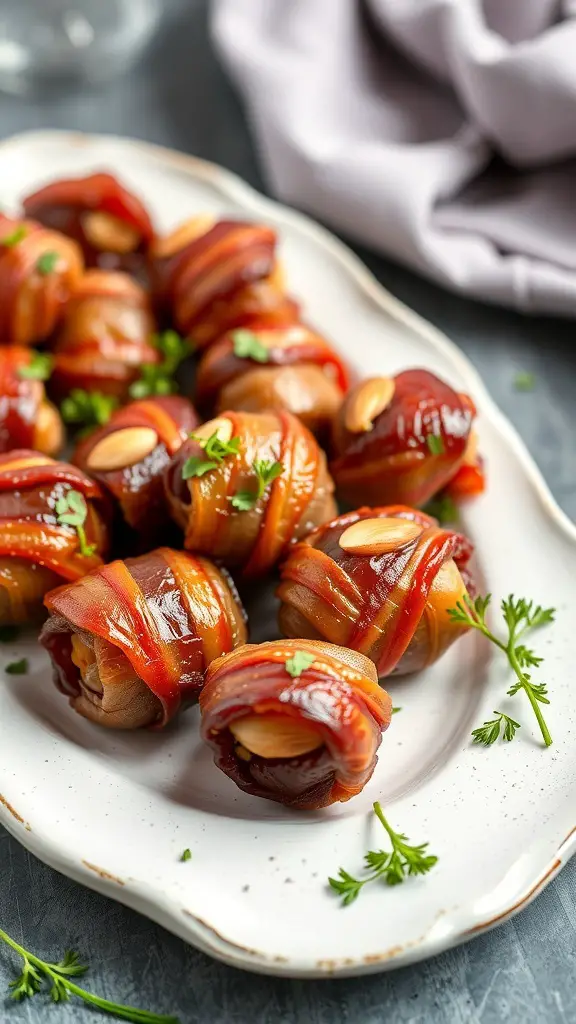 A platter of bacon-wrapped dates stuffed with almonds, garnished with herbs.