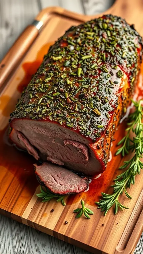 A beautifully roasted herb-crusted prime rib on a wooden cutting board, garnished with fresh herbs.