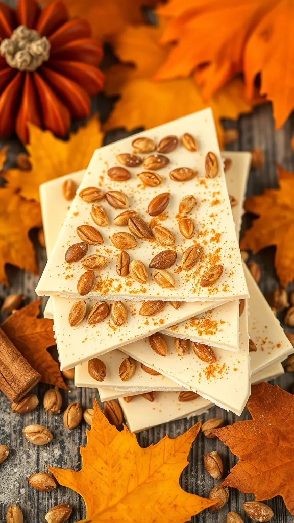 Pumpkin Spice White Chocolate Bark with pumpkin seeds and autumn leaves