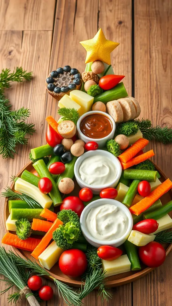 A festive Christmas tree veggie platter with colorful vegetables, dips, and a star on top.