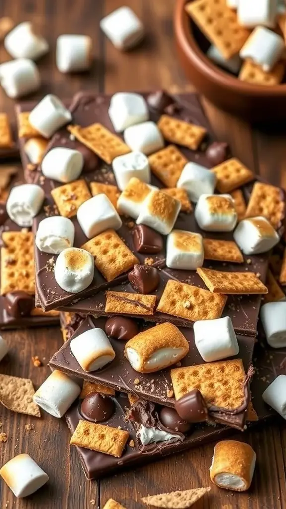 Delicious S'mores Bark with chocolate, graham crackers, and marshmallows on a wooden surface.