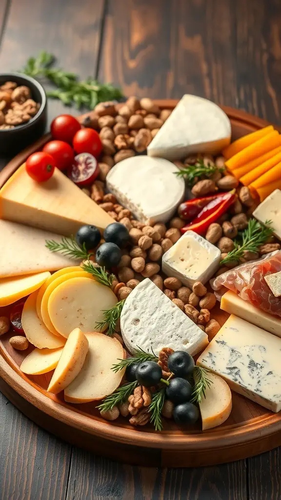A beautifully arranged cheese and charcuterie board with various cheeses, meats, nuts, and fresh fruits.