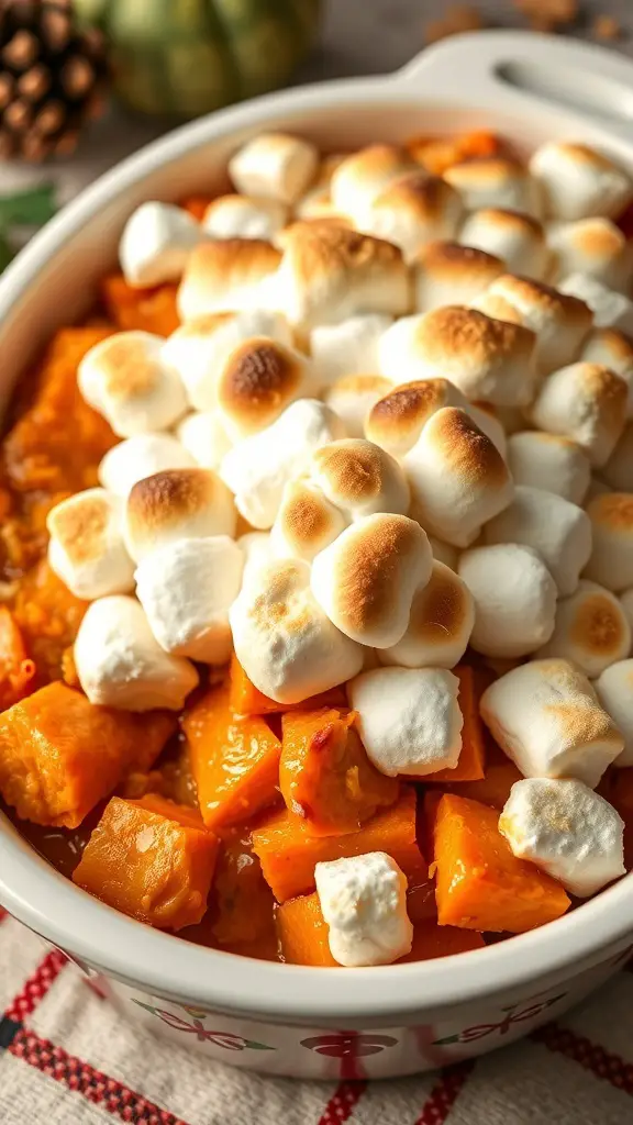 A delicious sweet potato casserole topped with toasted marshmallows, served in a white baking dish.